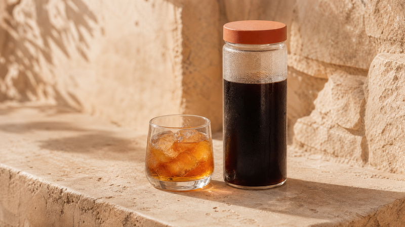 A jar of cold brew concentrate with a terracotta lid beside a glass of diluted coffee over ice, on a stone ledge.