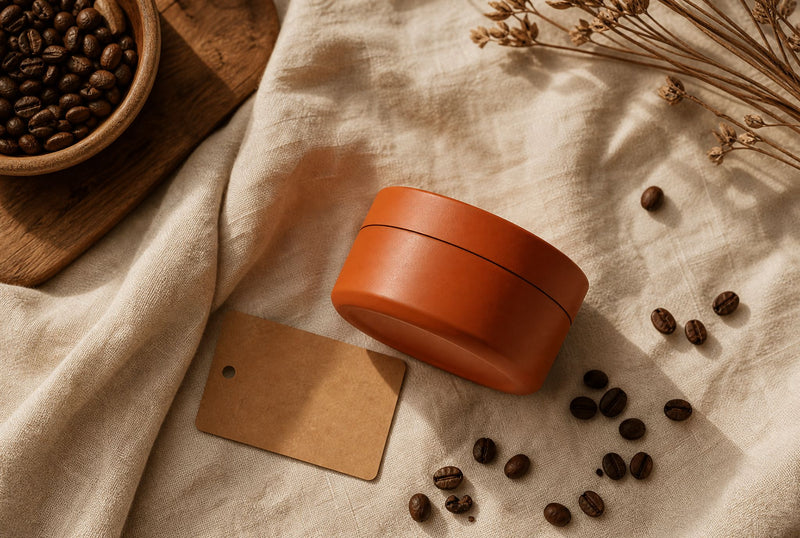 Flat lay of a coffee canister with a blank label card and scattered beans, how to read a coffee label
