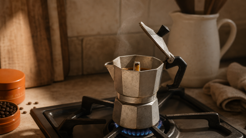 A worn aluminium moka pot on a low gas flame, lid open, the first amber coffee rising in the top chamber.