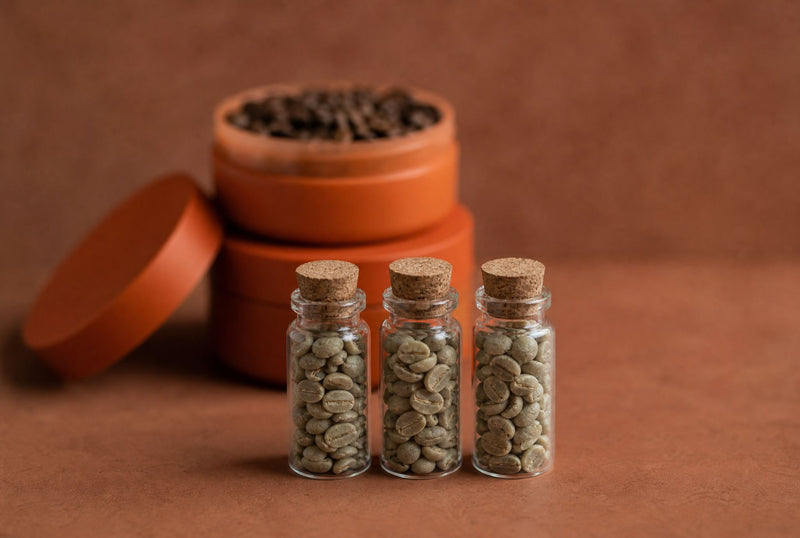 Three glass sample vials of green coffee beans in a row, what an ISO 17025 laboratory does