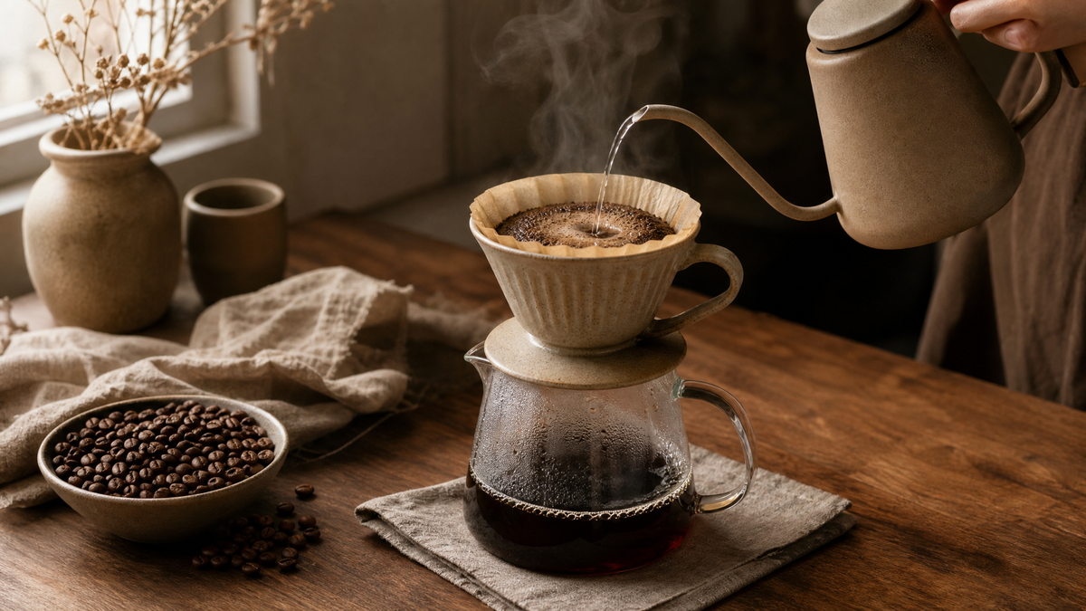 A gooseneck kettle pouring water in a spiral over blooming coffee in a ceramic V60 dripper on a walnut counter.