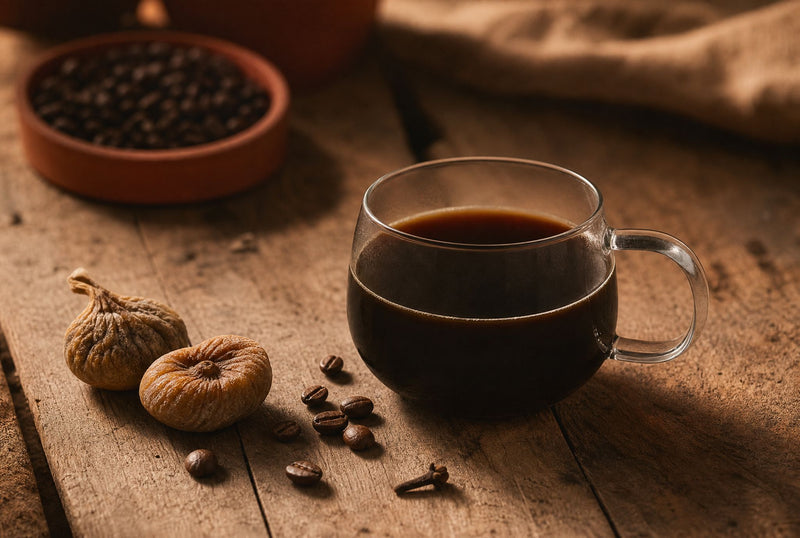Full-bodied black coffee with dried figs and clove on raw wood, what Liberica coffee tastes like