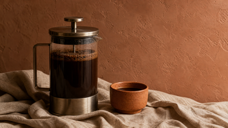 A French press mid-steep with a dark crust of coffee, beside a small terracotta cup against a warm plaster wall.