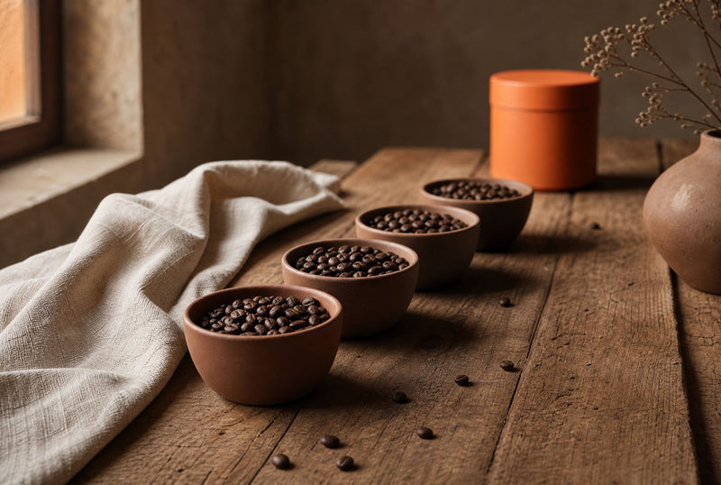 A row of cupping bowls of roasted beans on a wooden table, choosing a first single origin