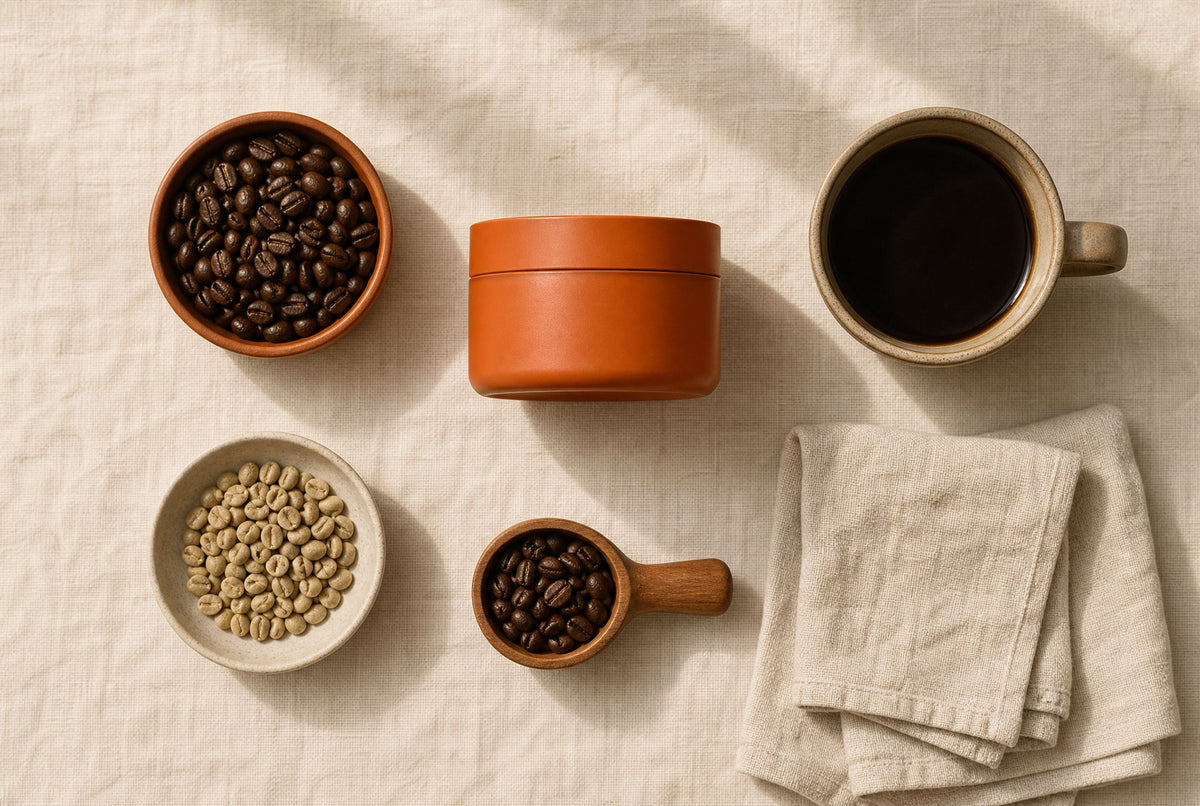 Flat-lay grid of coffee objects on ivory linen, specialty coffee terms explained plainly