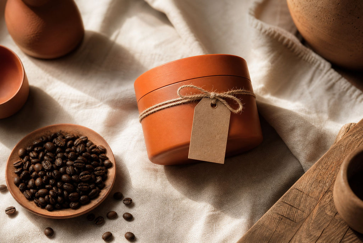 Coffee canister with a blank kraft tag on linen, what traceable coffee means