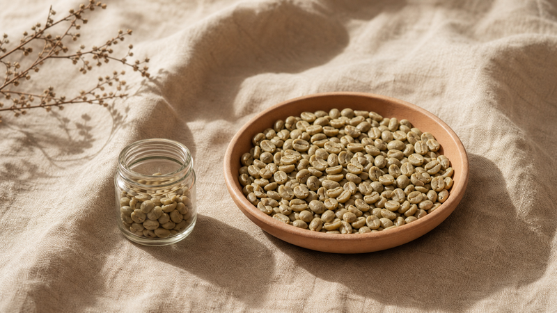 Unroasted green coffee beans in a terracotta dish beside a small glass sample jar, on washed linen in morning light.