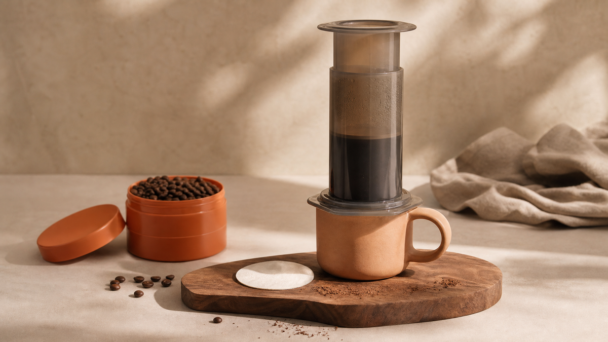 An AeroPress pressed halfway over a terracotta mug on a walnut board, with a paper filter and scattered beans.